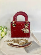 Lady Dior mini red patent Cannage calfskin, light gold hdw Coeur Cult Core