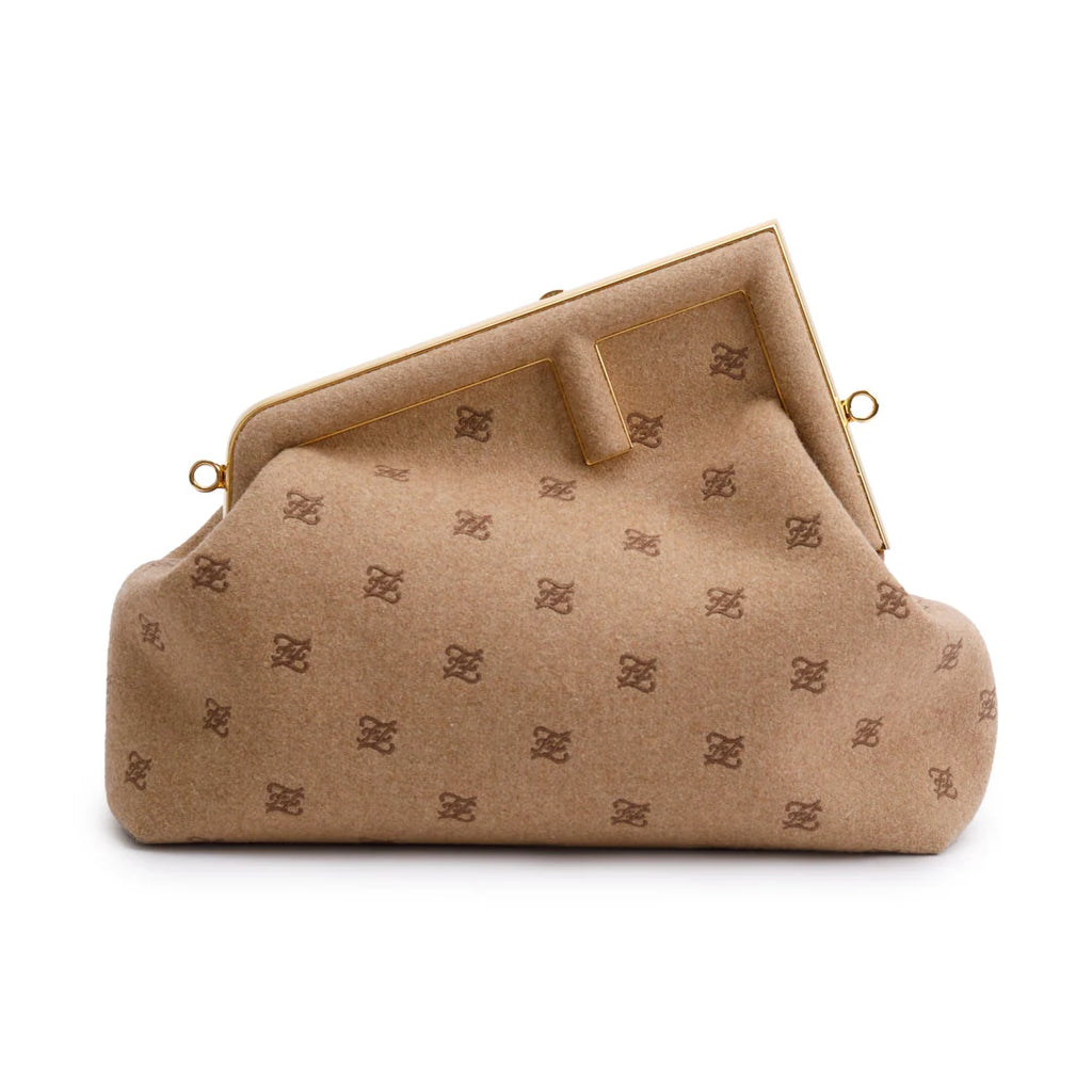 Beige Flannel Karligraphy Embroidered Medium First Bag w/ Strap