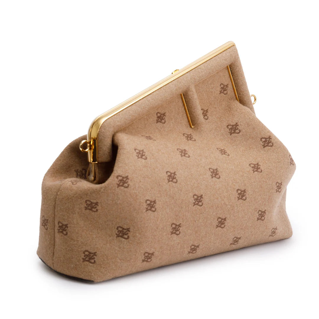 Beige Flannel Karligraphy Embroidered Medium First Bag w/ Strap