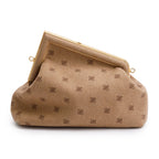 Beige Flannel Karligraphy Embroidered Medium First Bag w/ Strap