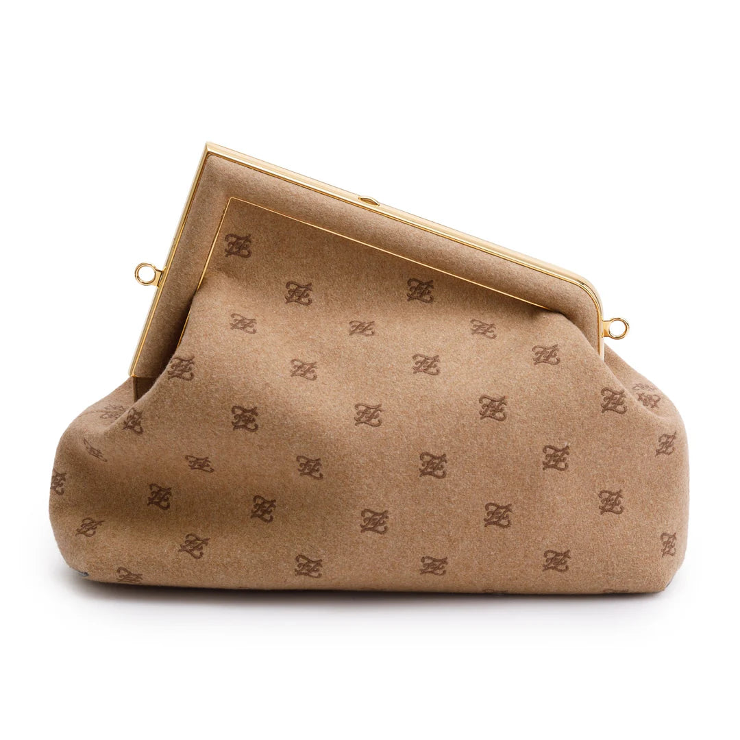 Beige Flannel Karligraphy Embroidered Medium First Bag w/ Strap