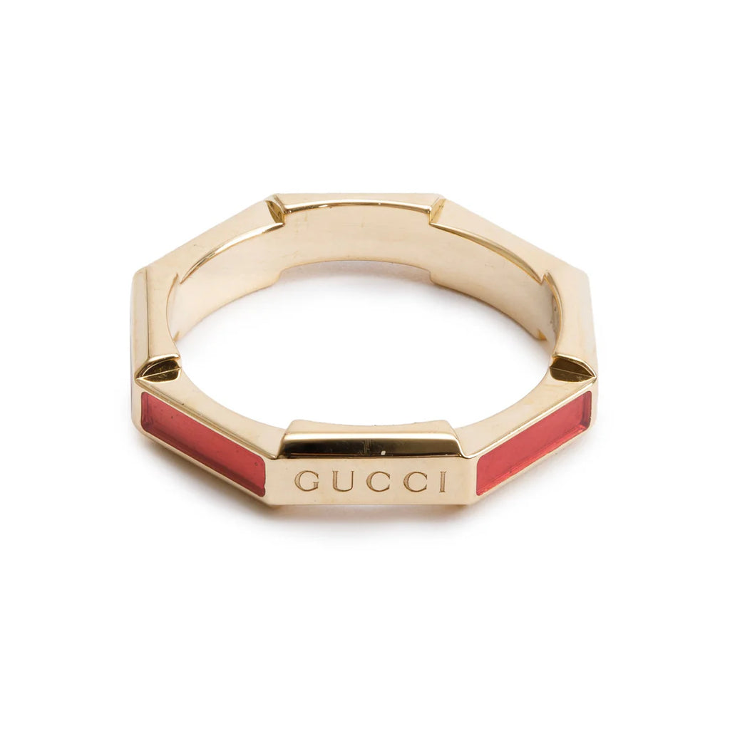 18k Yellow Gold Diamond &amp; Red Enamel Link to Love Ring, Size 12 6
