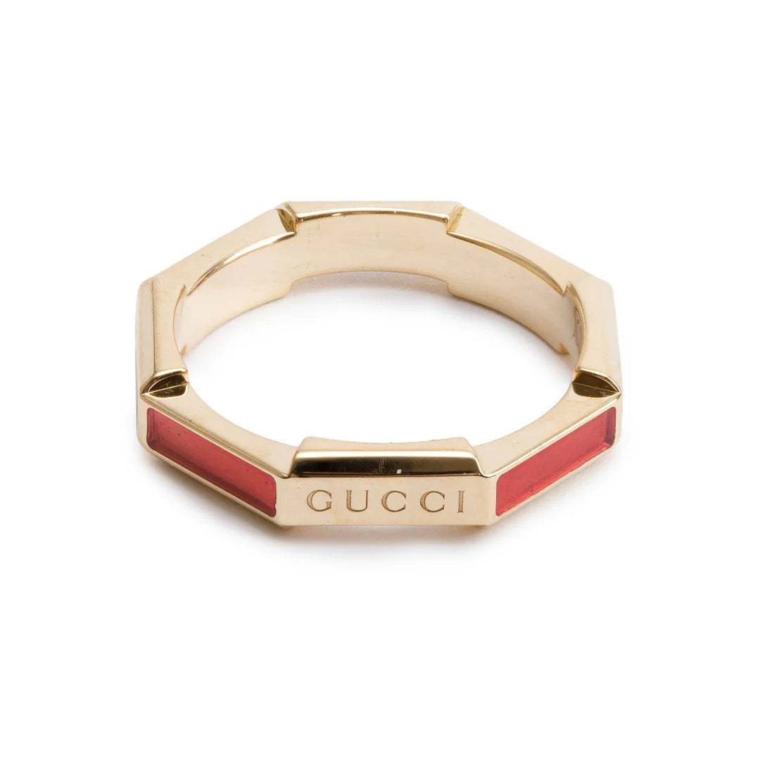 18k Yellow Gold Diamond &amp; Red Enamel Link to Love Ring, Size 12 6