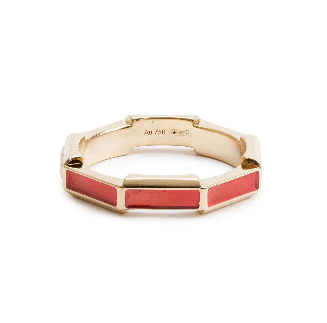 18k Yellow Gold Diamond &amp; Red Enamel Link to Love Ring, Size 12 6