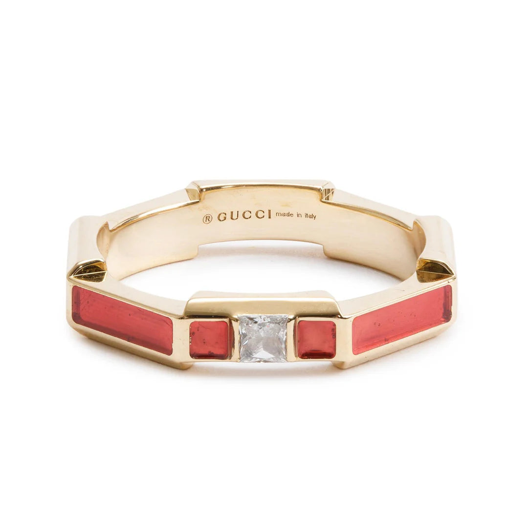 18k Yellow Gold Diamond &amp; Red Enamel Link to Love Ring, Size 12 6