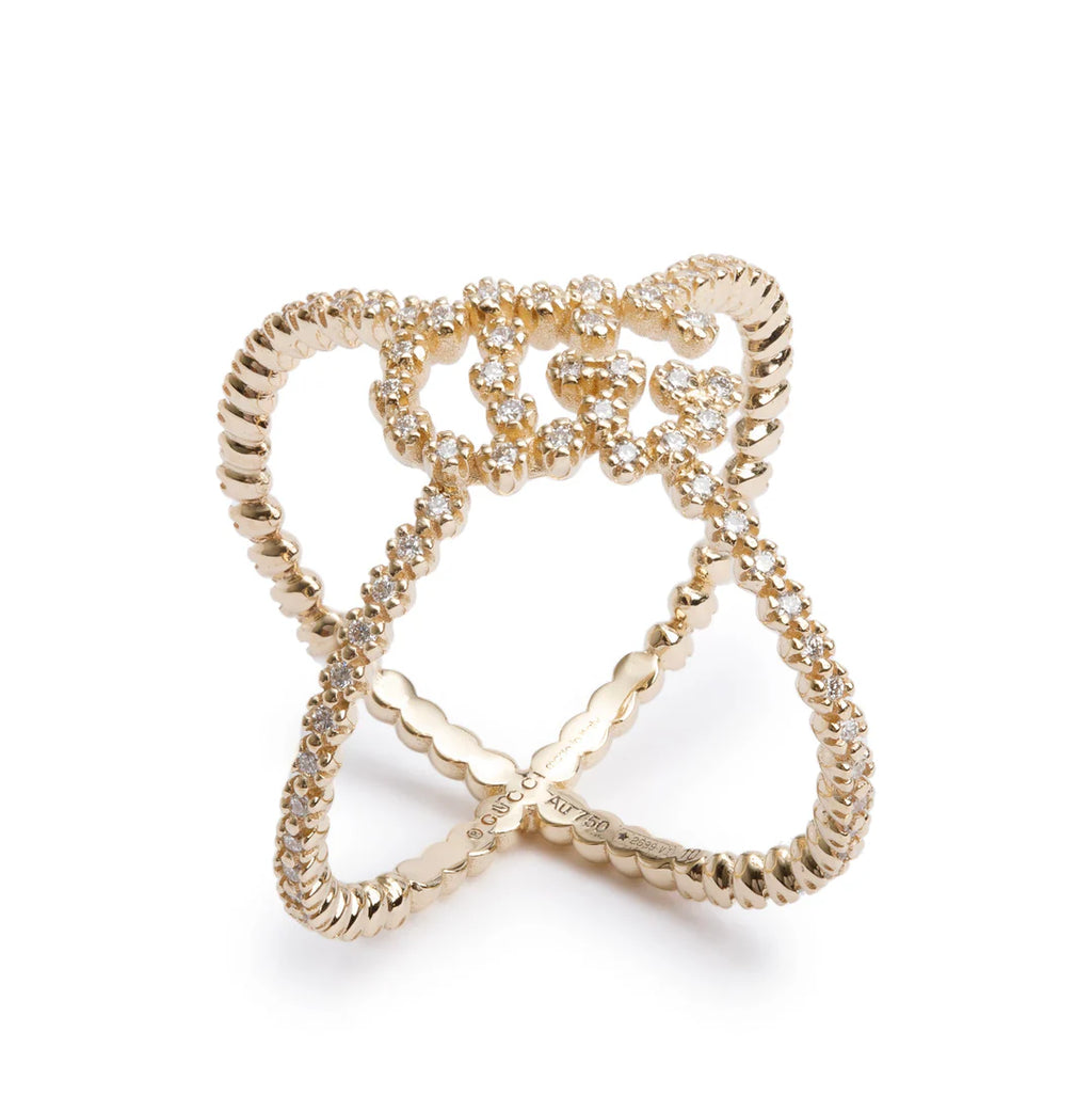 18k Yellow Gold Pave Diamond Running GG X Ring, Size 10 4.75