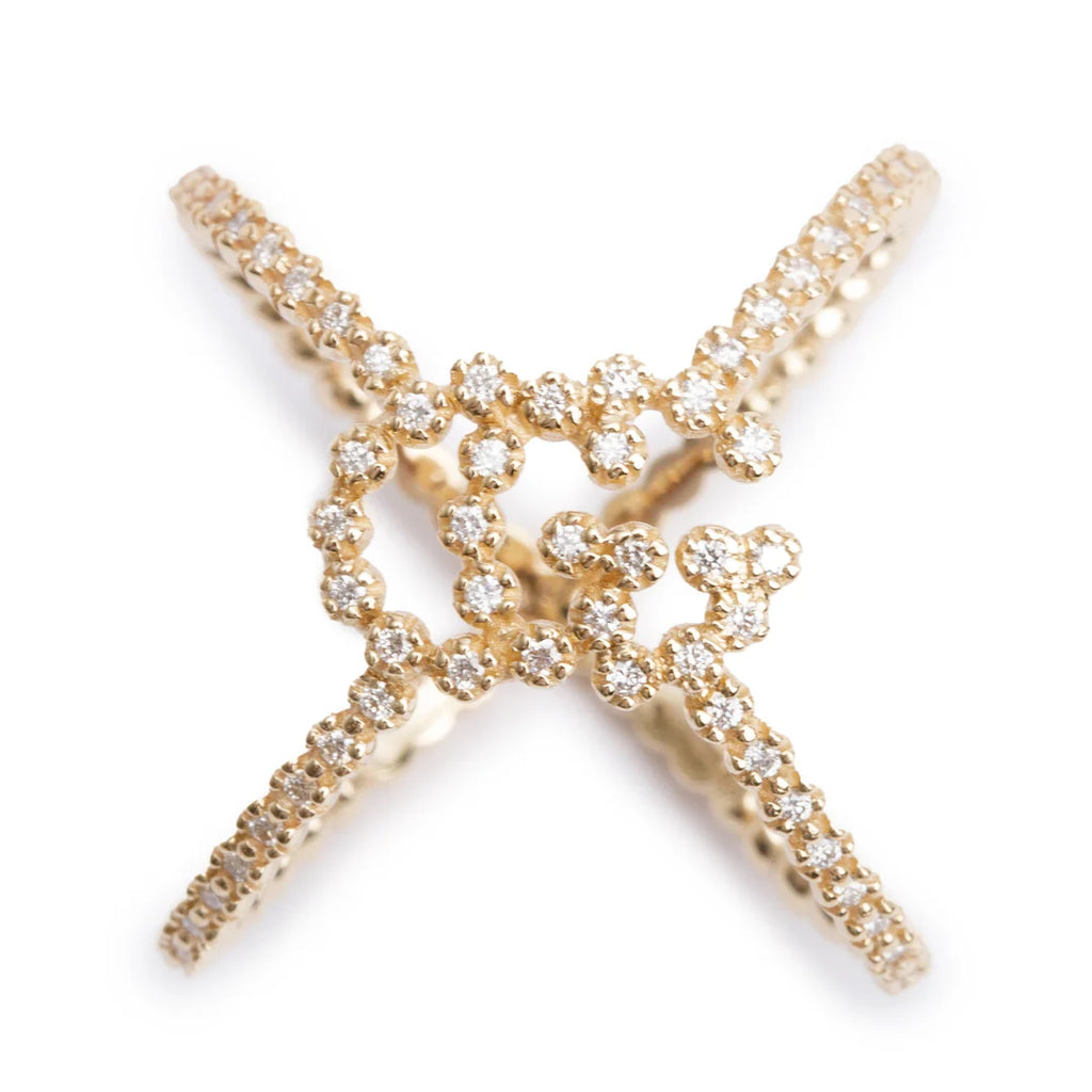 18k Yellow Gold Pave Diamond Running GG X Ring, Size 10 4.75