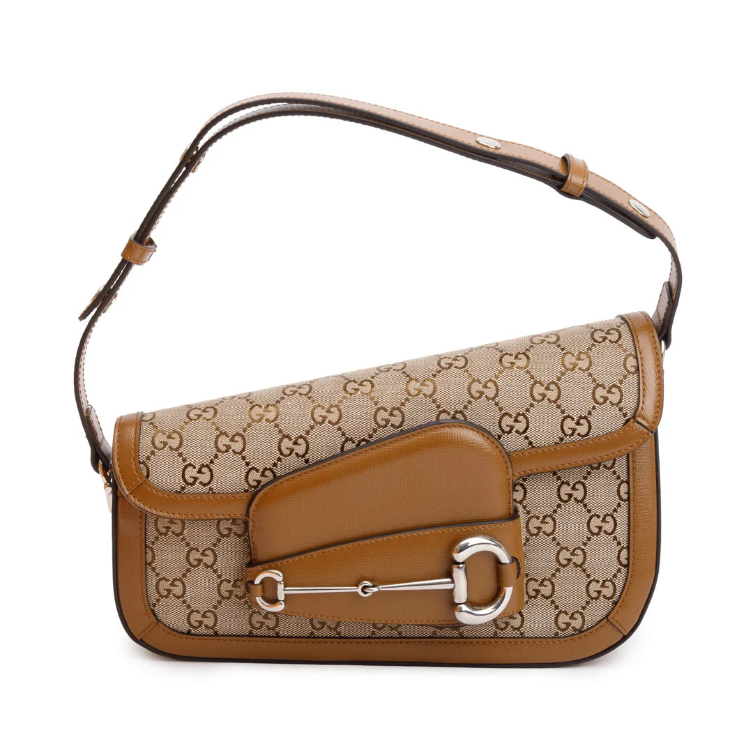 GG Canvas Brown Leather Trim Horsebit 1955 Small Shoulder Bag w/ Box