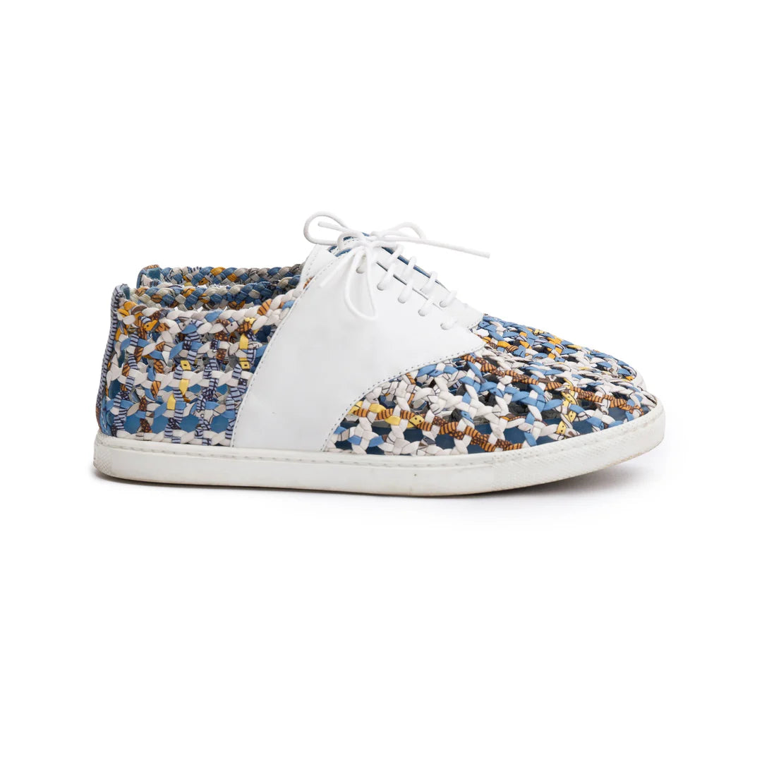 Blue Multicolor Animal Print Braided Silk White Leather Sneakers, Size 35.5