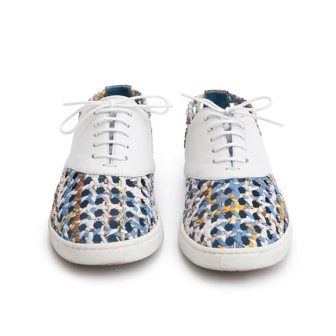 Blue Multicolor Animal Print Braided Silk White Leather Sneakers, Size 35.5