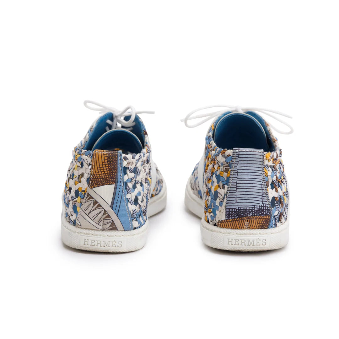 Blue Multicolor Animal Print Braided Silk White Leather Sneakers, Size 35.5