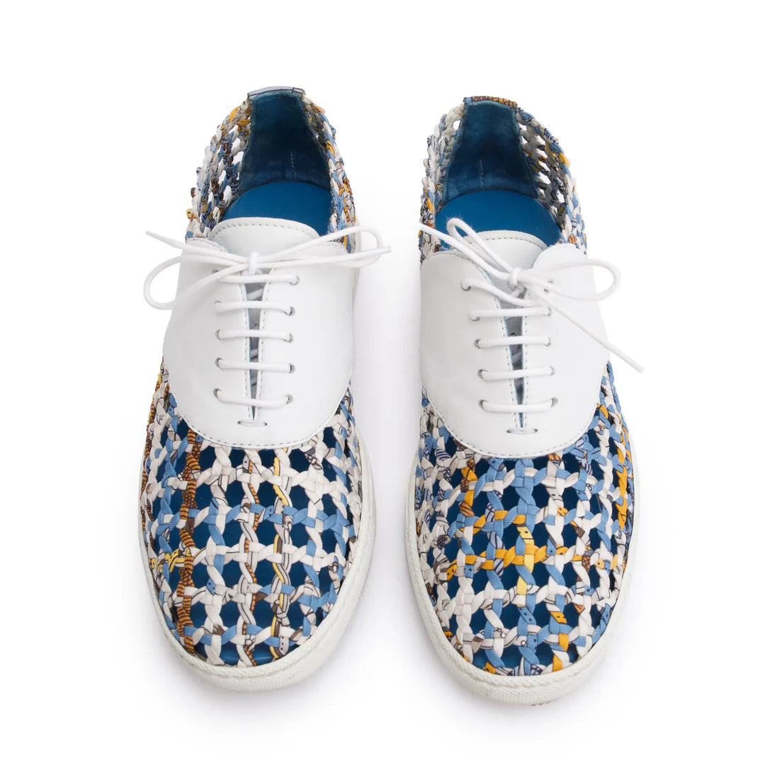 Blue Multicolor Animal Print Braided Silk White Leather Sneakers, Size 35.5