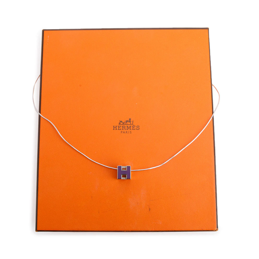 Palladium-Plated Purple Enamel Pop H Cube Pendant Necklace w/ Box