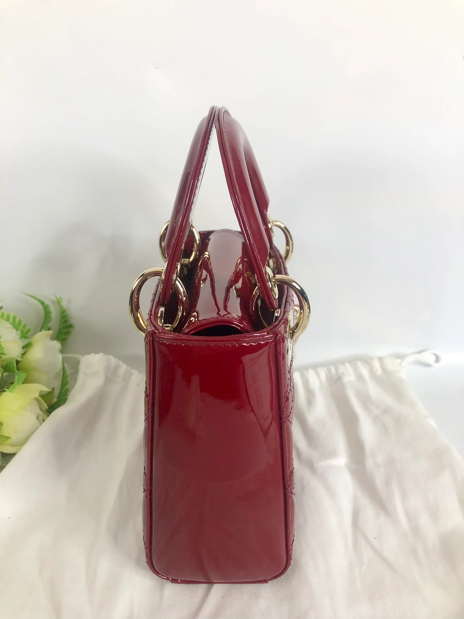 Lady Dior mini red patent Cannage calfskin, light gold hdw Coeur Cult Core