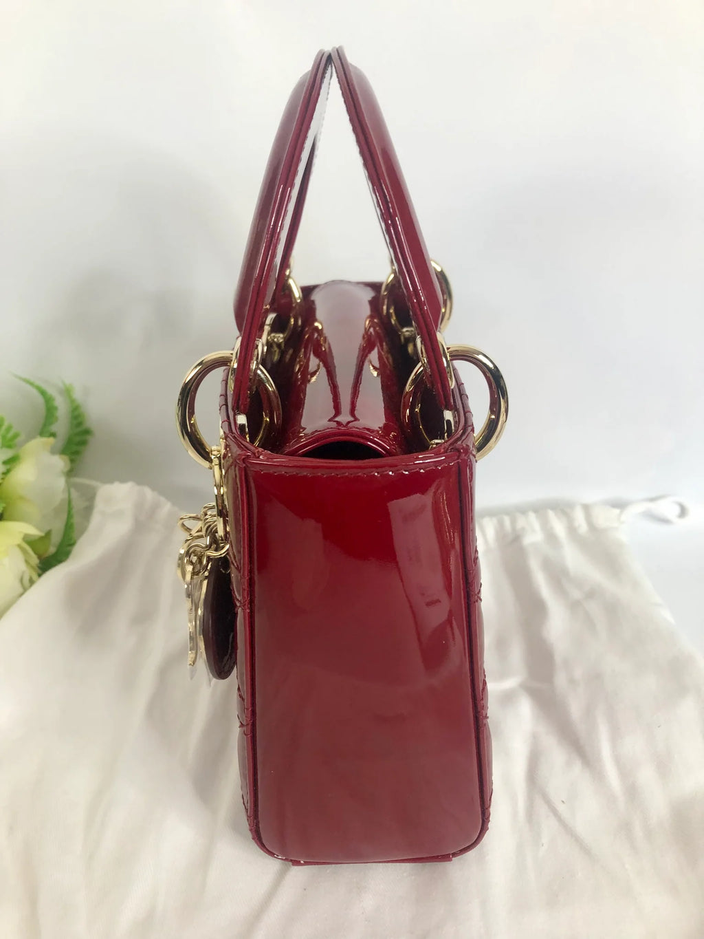 Lady Dior mini red patent Cannage calfskin, light gold hdw Coeur Cult Core
