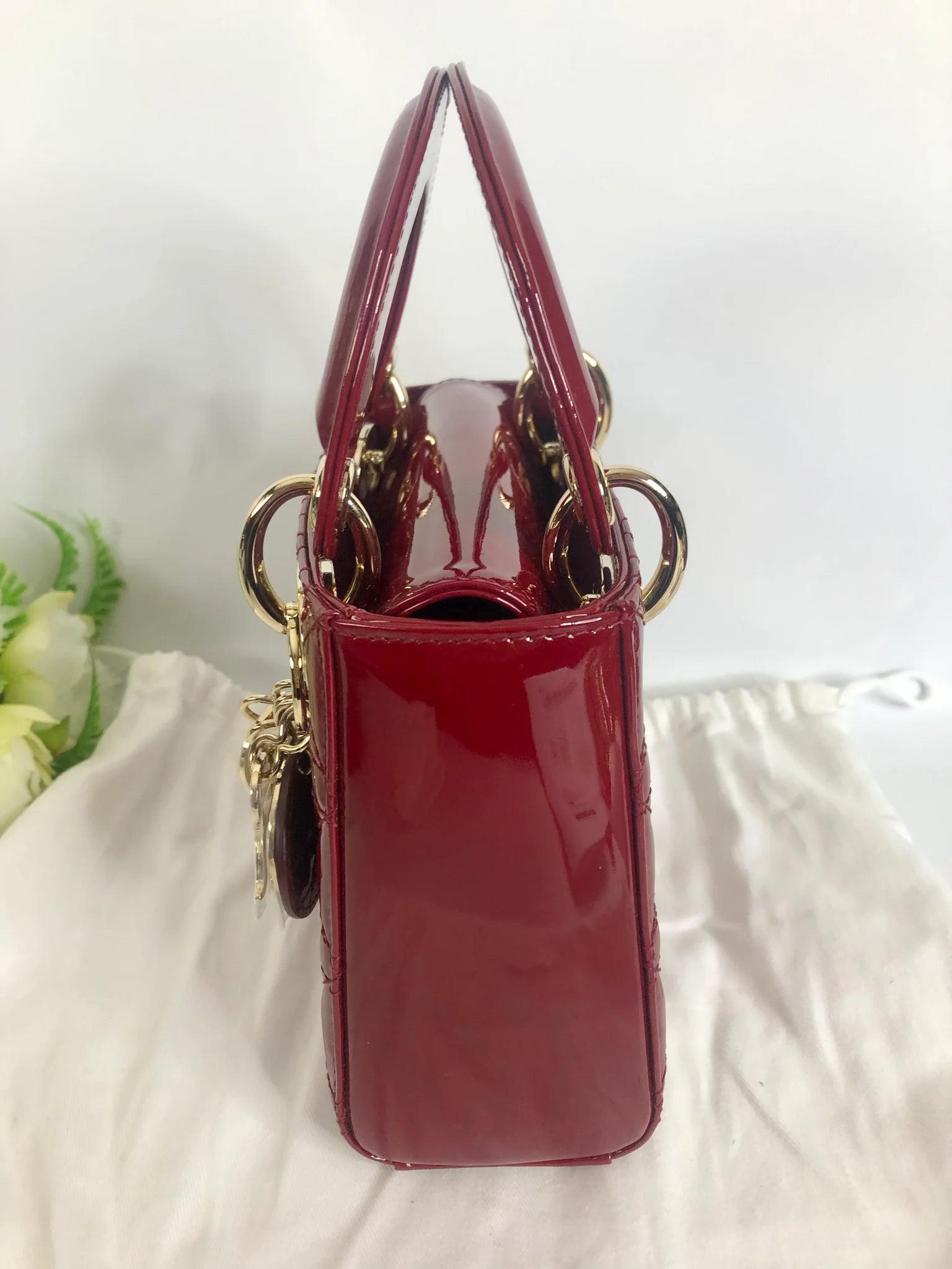 Lady Dior mini red patent Cannage calfskin, light gold hdw Coeur Cult Core