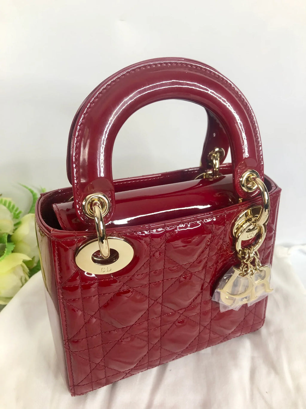 Lady Dior mini red patent Cannage calfskin, light gold hdw Coeur Cult Core
