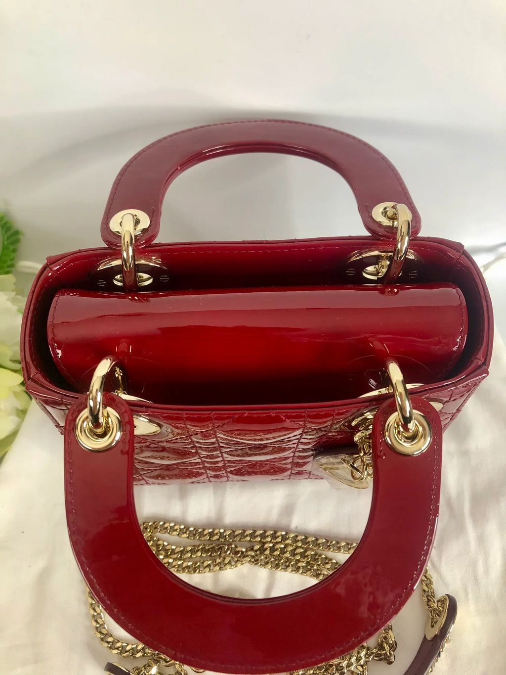 Lady Dior mini red patent Cannage calfskin, light gold hdw Coeur Cult Core