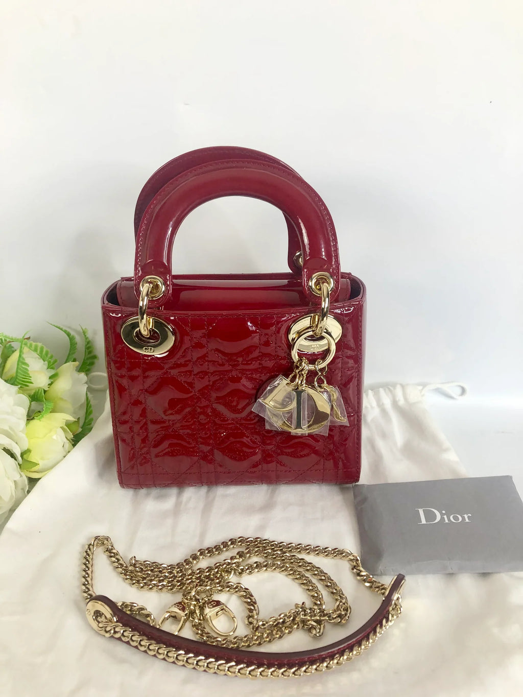 Lady Dior mini red patent Cannage calfskin, light gold hdw Coeur Cult Core