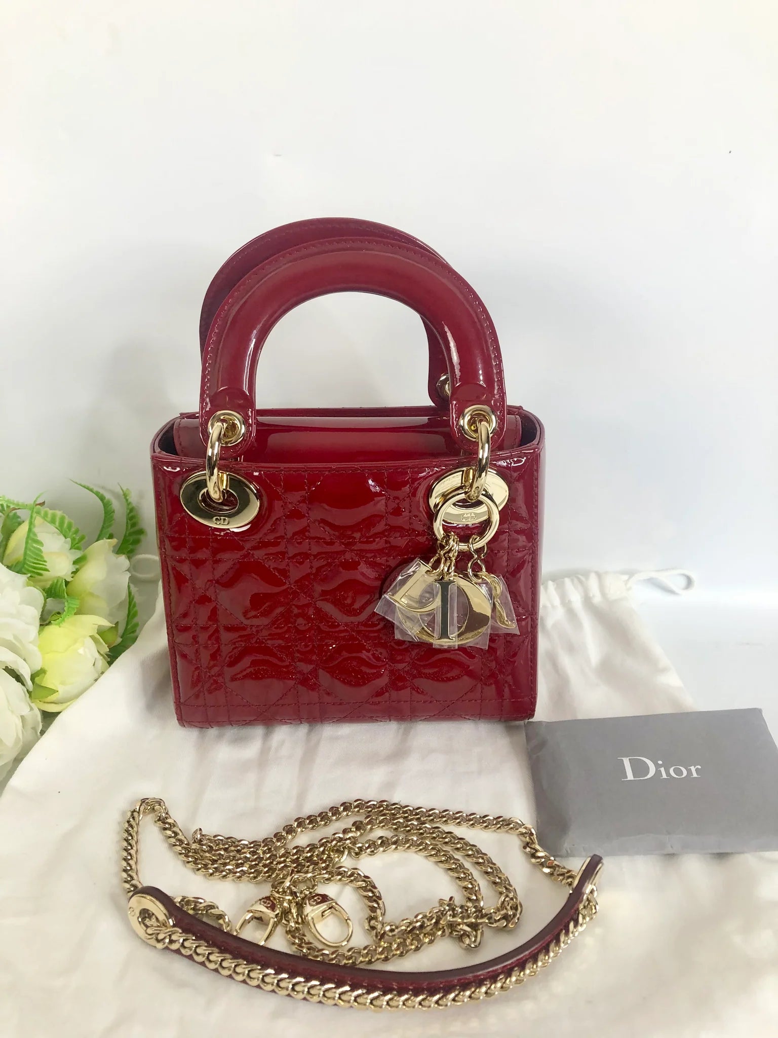 Lady Dior mini red patent Cannage calfskin, light gold hdw Coeur Cult Core