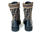 Fendi Monogram Stretch Knit and Black Leather Lace Up Combat Boots Size 35