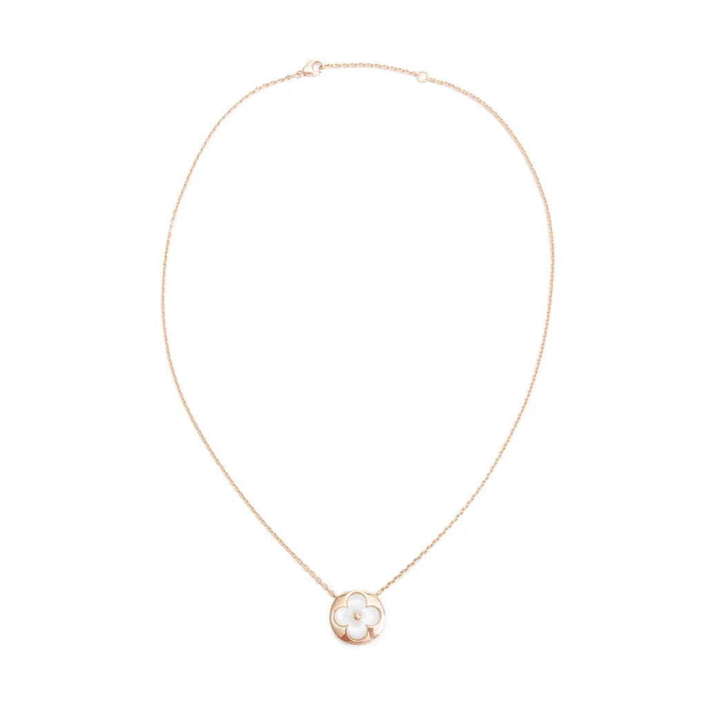 18k Rose Gold &amp; White Mother of Pearl Color Blossom Sun Pendant Necklace w/ Box