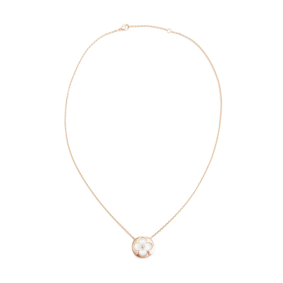18k Rose Gold &amp; White Mother of Pearl Color Blossom Sun Pendant Necklace w/ Box