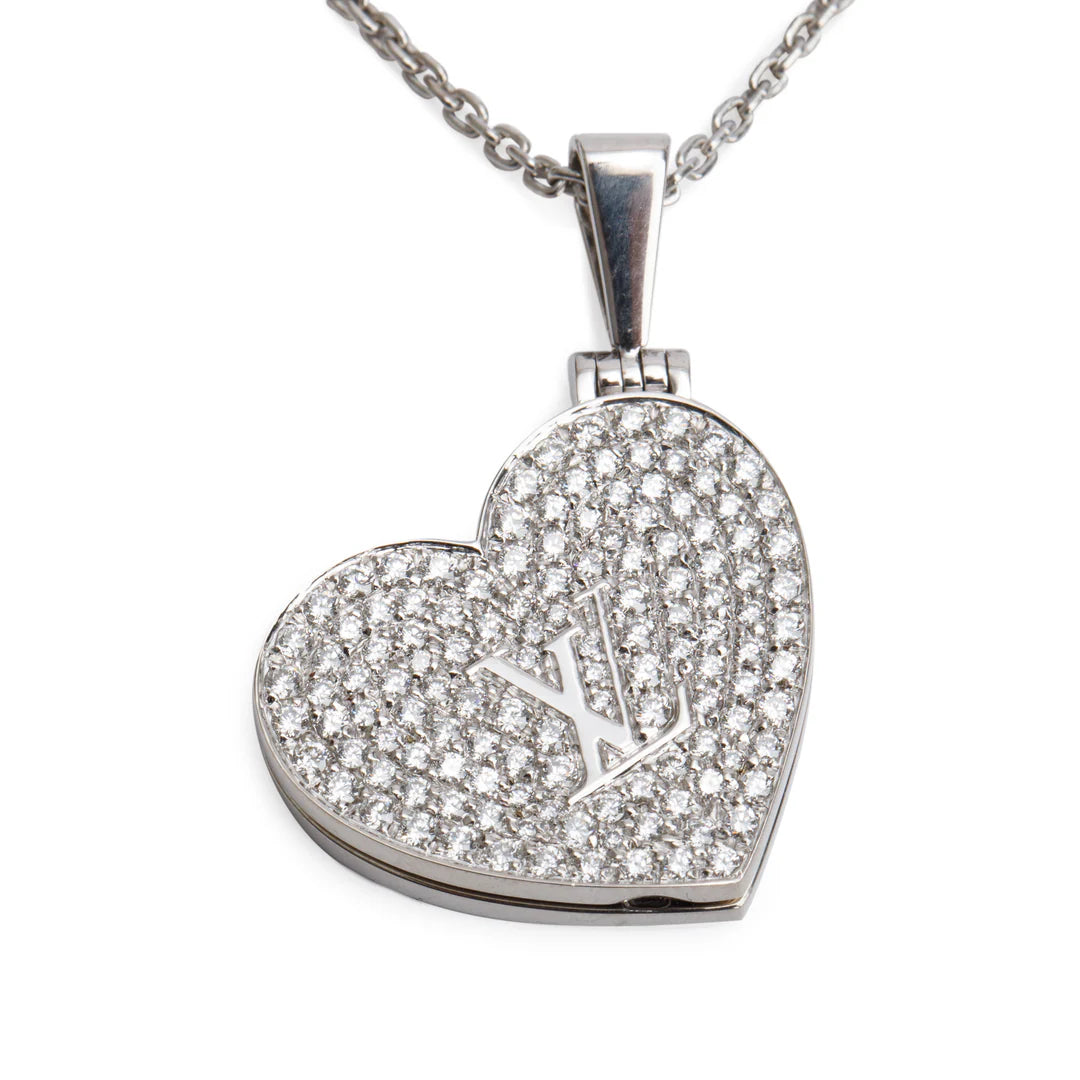 18k White Gold Pave Diamond Heart Locket Pendant Necklace