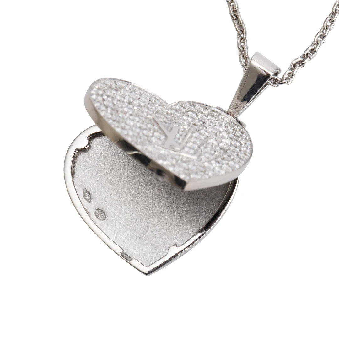 18k White Gold Pave Diamond Heart Locket Pendant Necklace