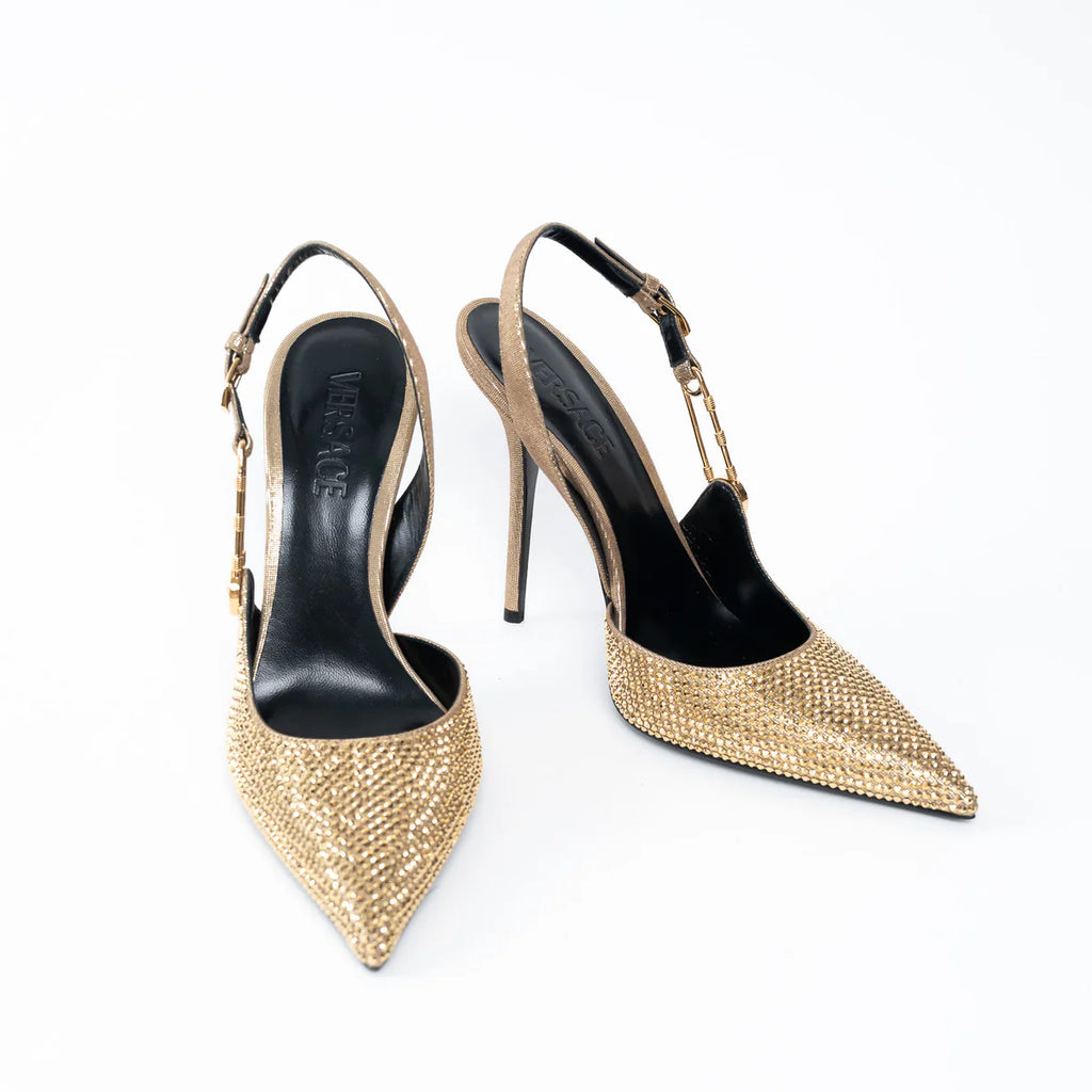 Versace Gold Crystal Embellished Slingback Pumps Size 40 Coeur Cult Core