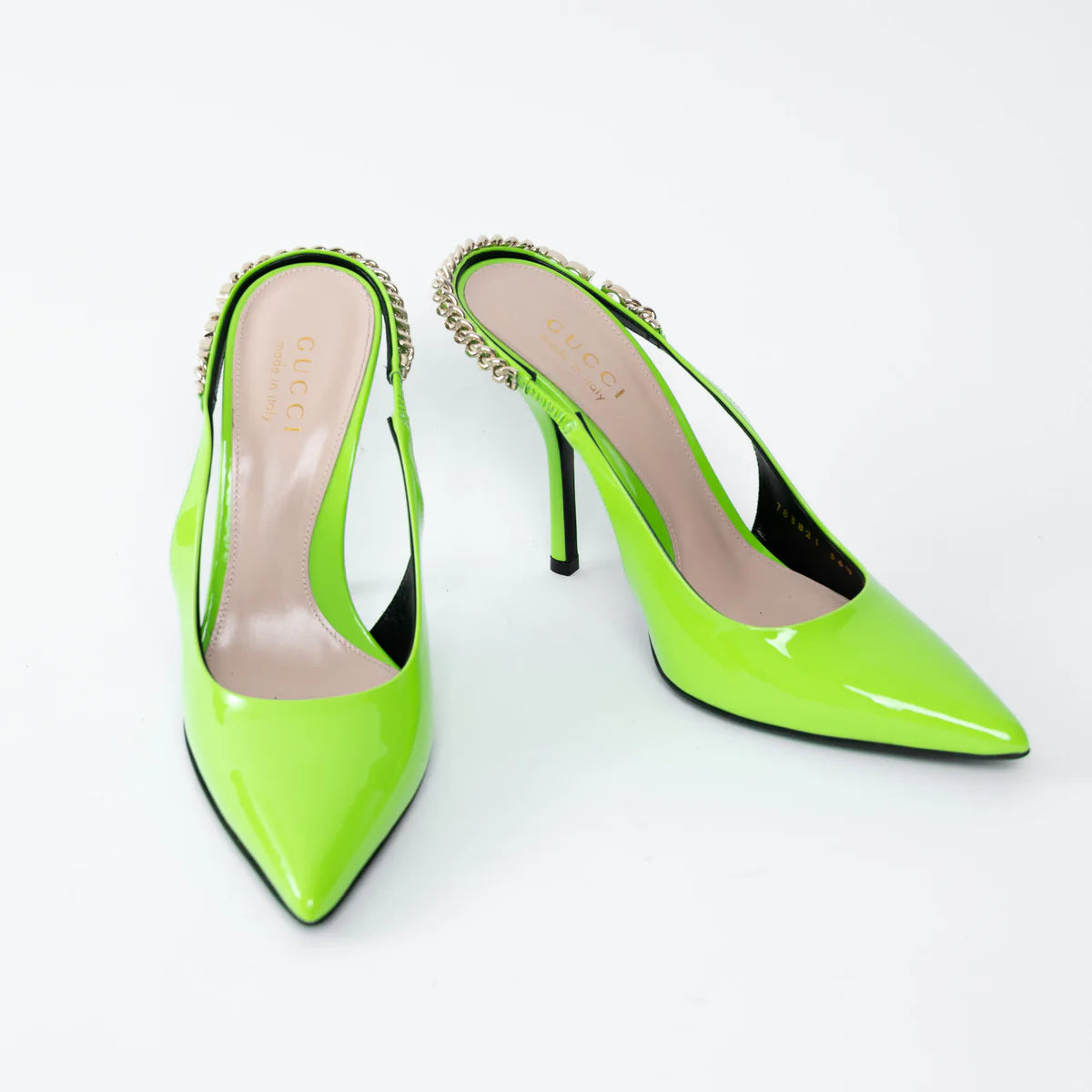 Gucci Neon Green Slingback Heels with Chain Detail Size 36.5 Coeur Cult Core