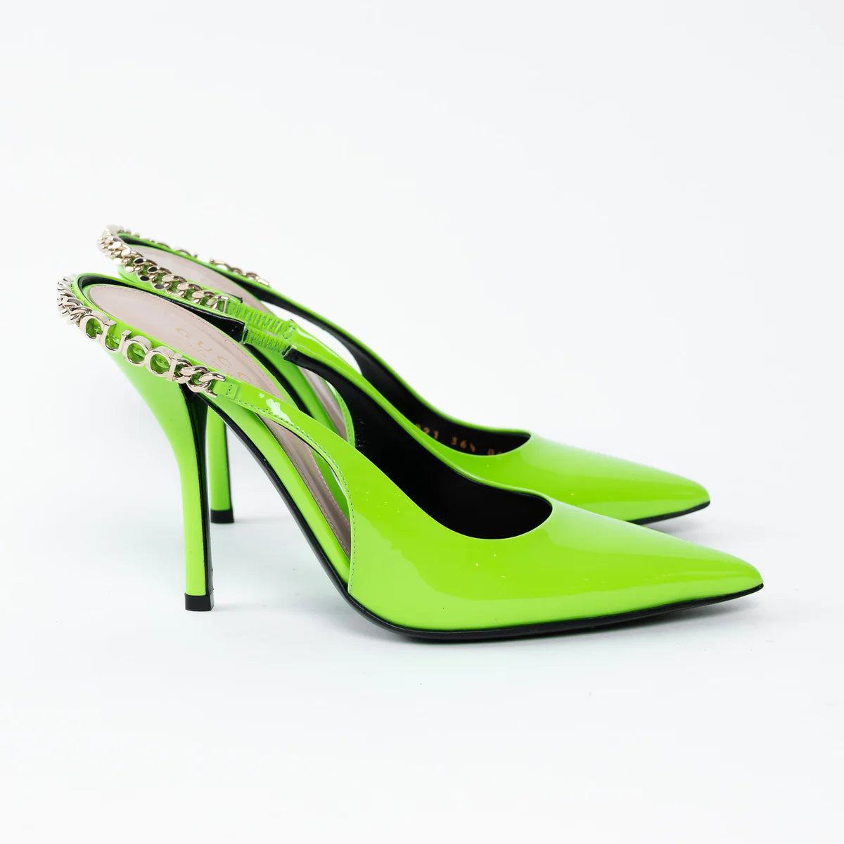 Gucci Neon Green Slingback Heels with Chain Detail Size 36.5 Coeur Cult Core