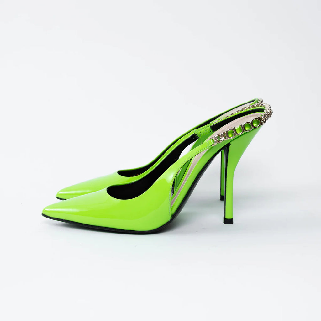 Gucci Neon Green Slingback Heels with Chain Detail Size 36.5 Coeur Cult Core