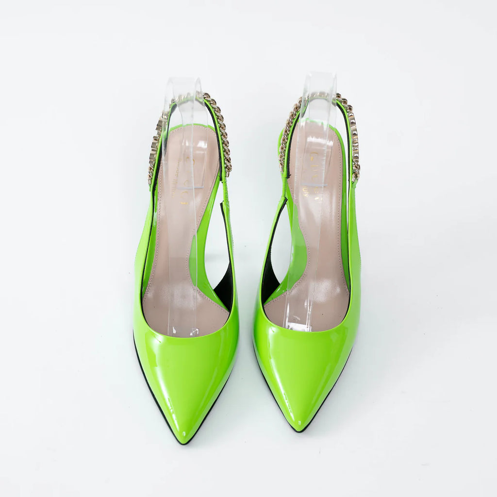 Gucci Neon Green Slingback Heels with Chain Detail Size 36.5 Coeur Cult Core