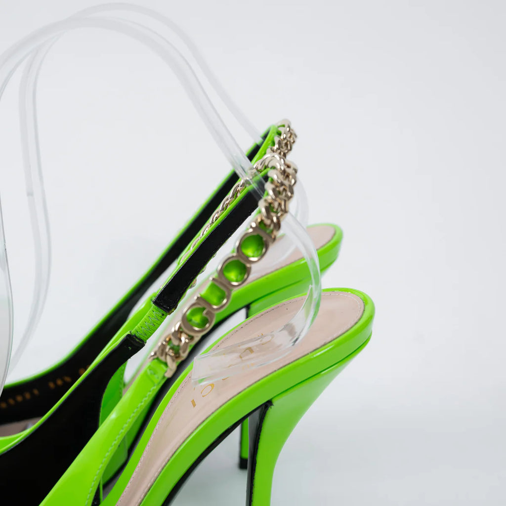 Gucci Neon Green Slingback Heels with Chain Detail Size 36.5 Coeur Cult Core