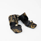 Versace Black and Gold Satin Regalia Baroque Foulard Sandals Size 38 Coeur Cult Core