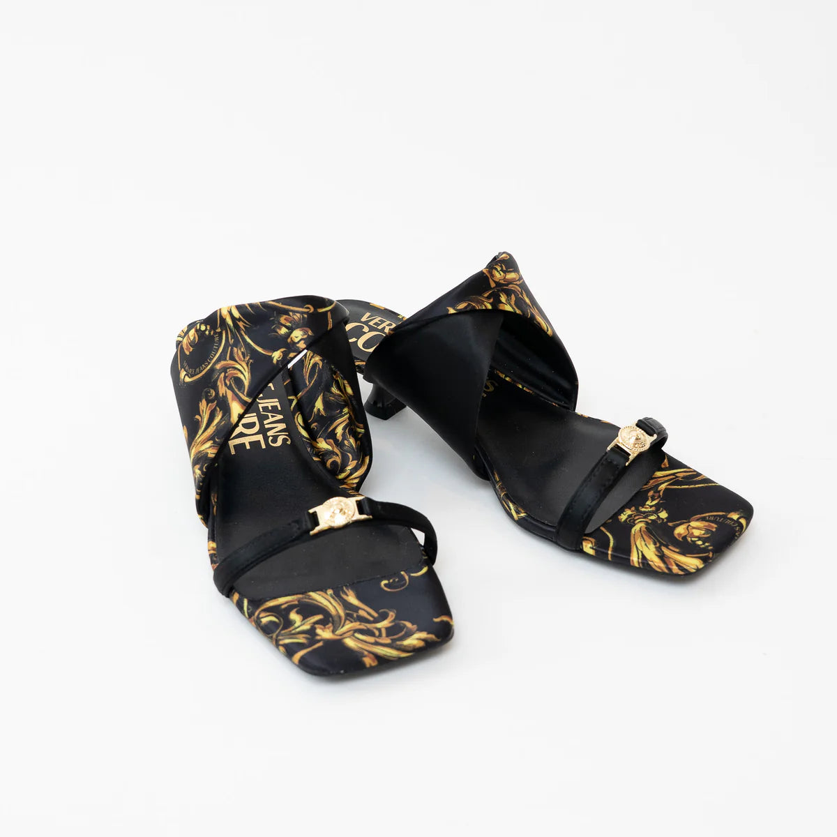 Versace Black and Gold Satin Regalia Baroque Foulard Sandals Size 38 Coeur Cult Core