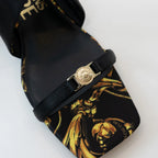 Versace Black and Gold Satin Regalia Baroque Foulard Sandals Size 38 Coeur Cult Core