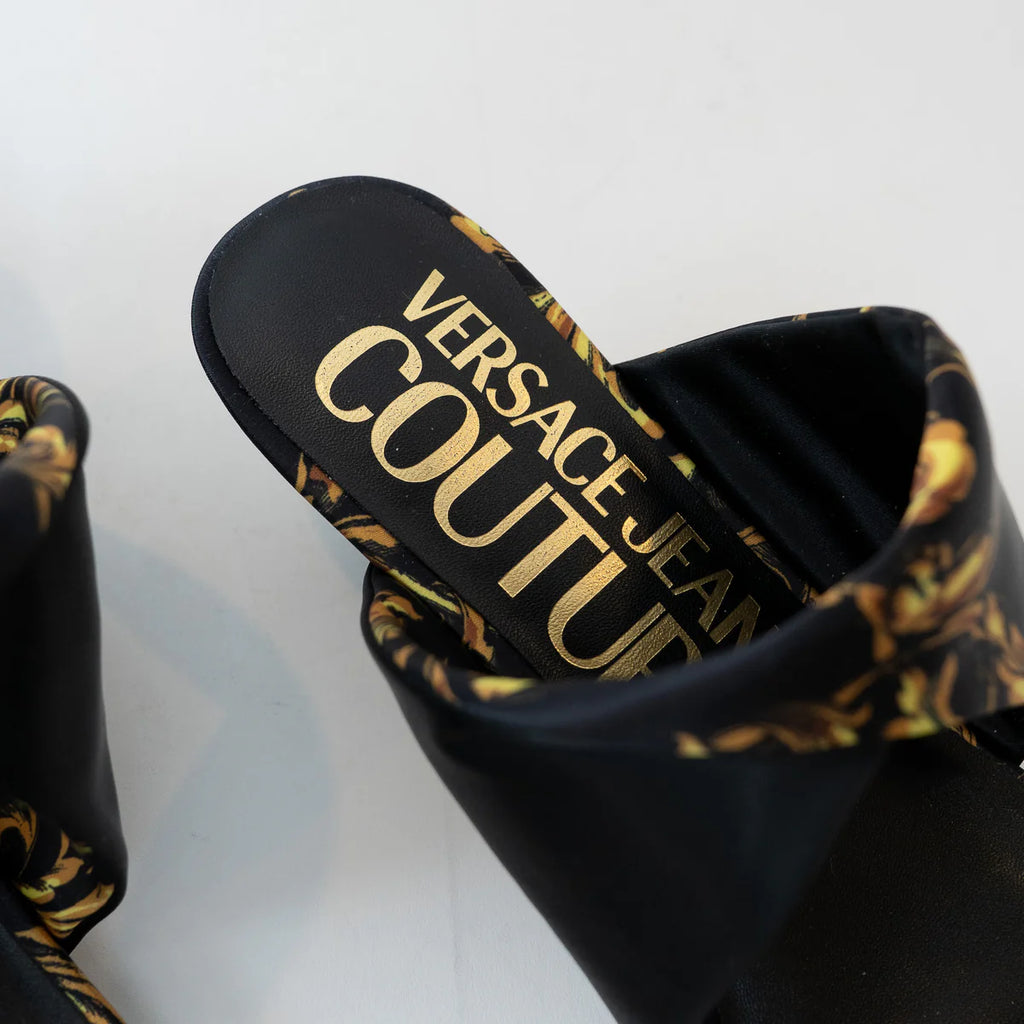 Versace Black and Gold Satin Regalia Baroque Foulard Sandals Size 38 Coeur Cult Core