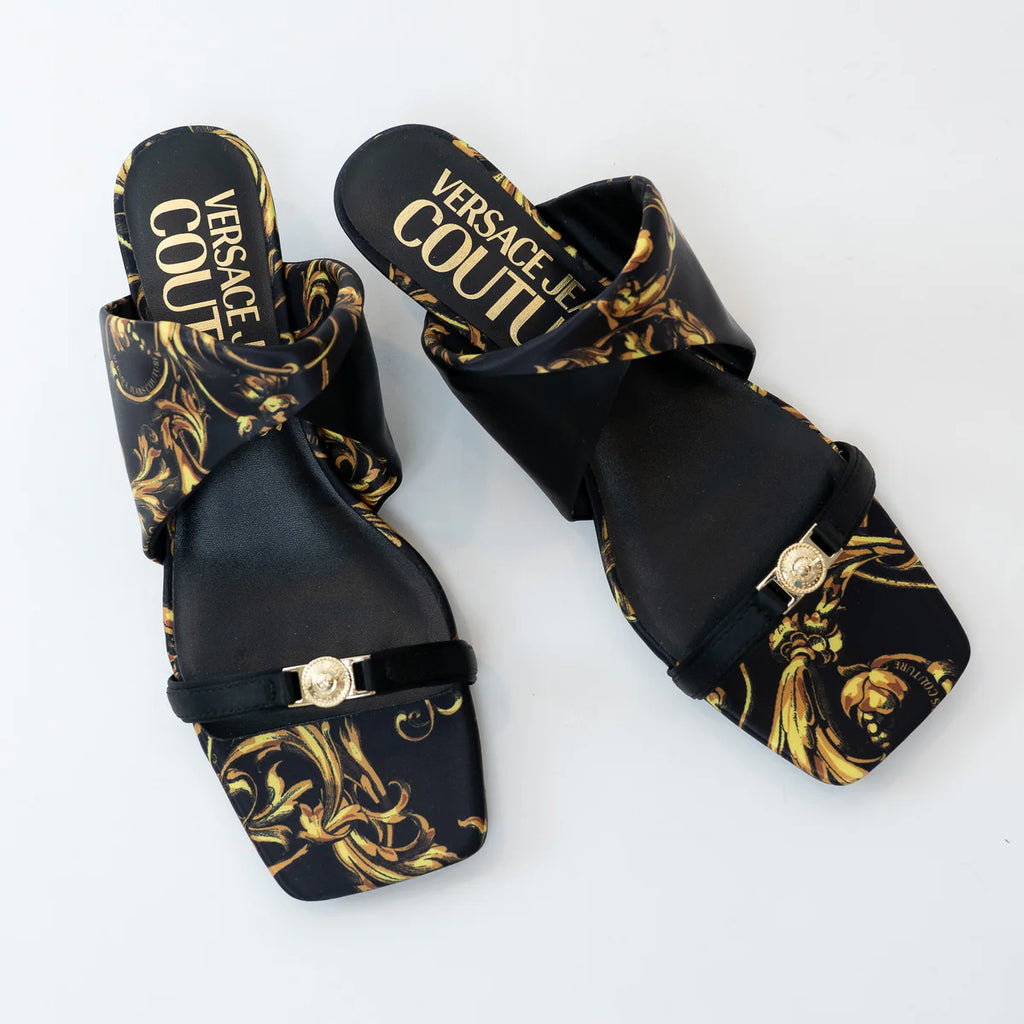 Versace Black and Gold Satin Regalia Baroque Foulard Sandals Size 38 Coeur Cult Core