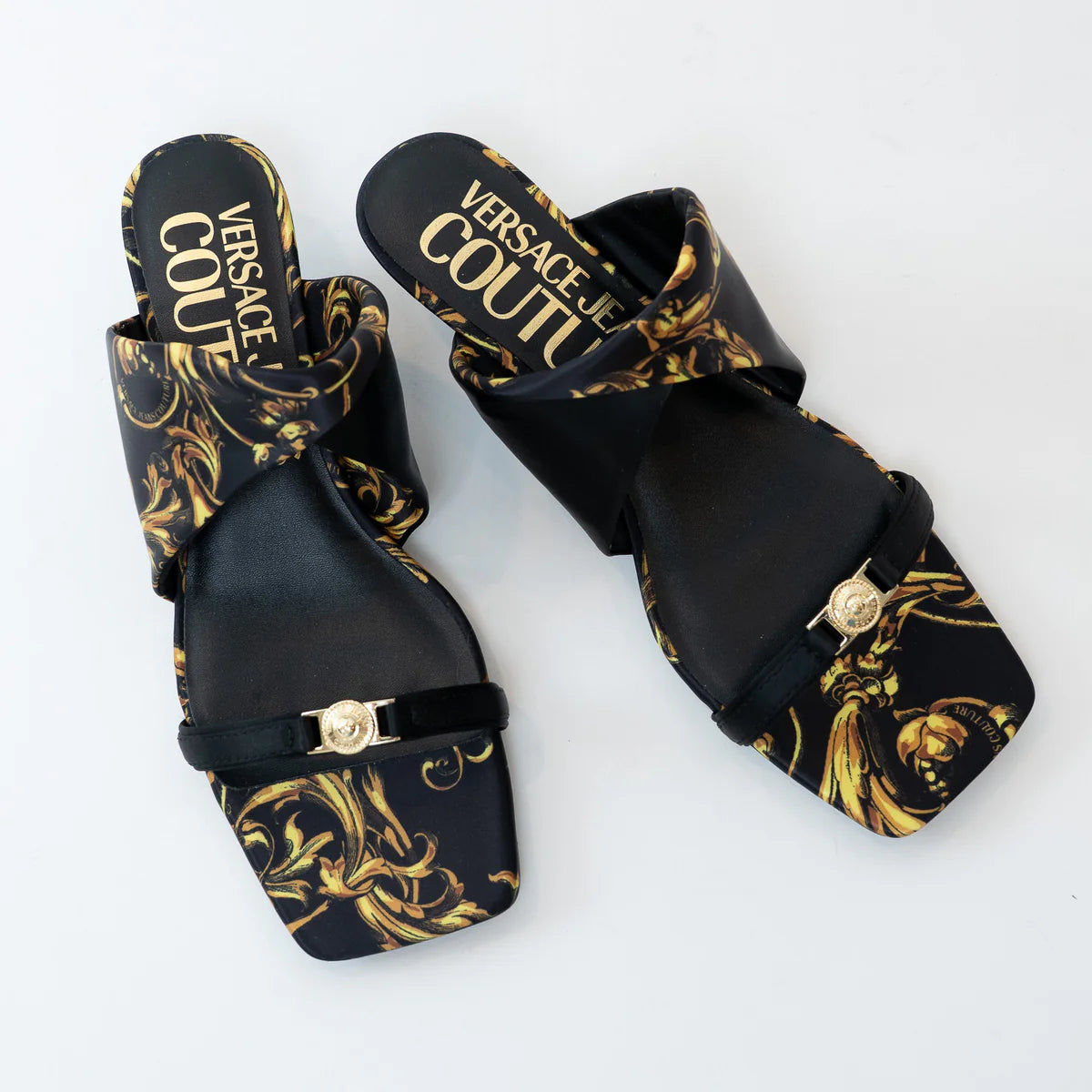 Versace Black and Gold Satin Regalia Baroque Foulard Sandals Size 38 Coeur Cult Core