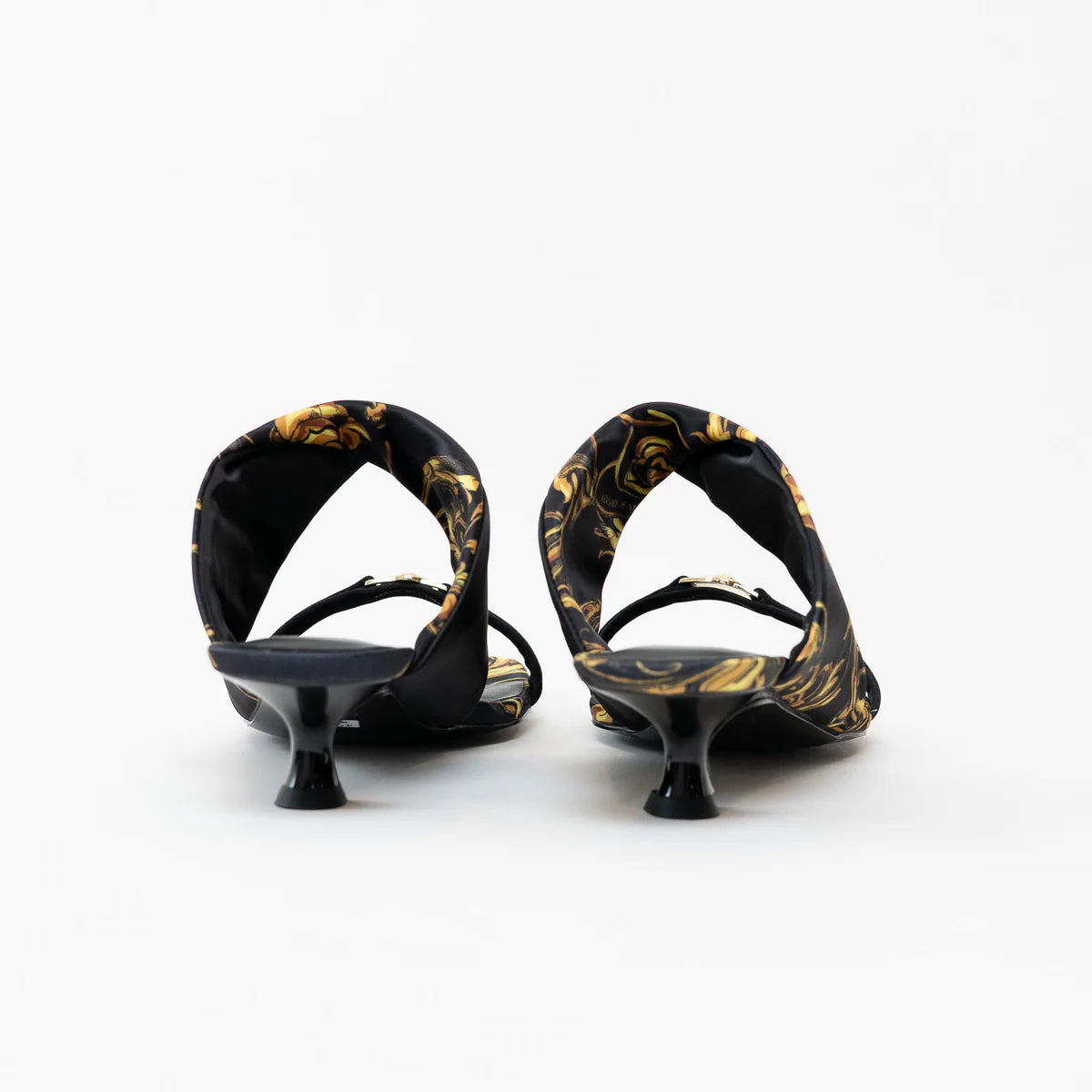 Versace Black and Gold Satin Regalia Baroque Foulard Sandals Size 38 Coeur Cult Core
