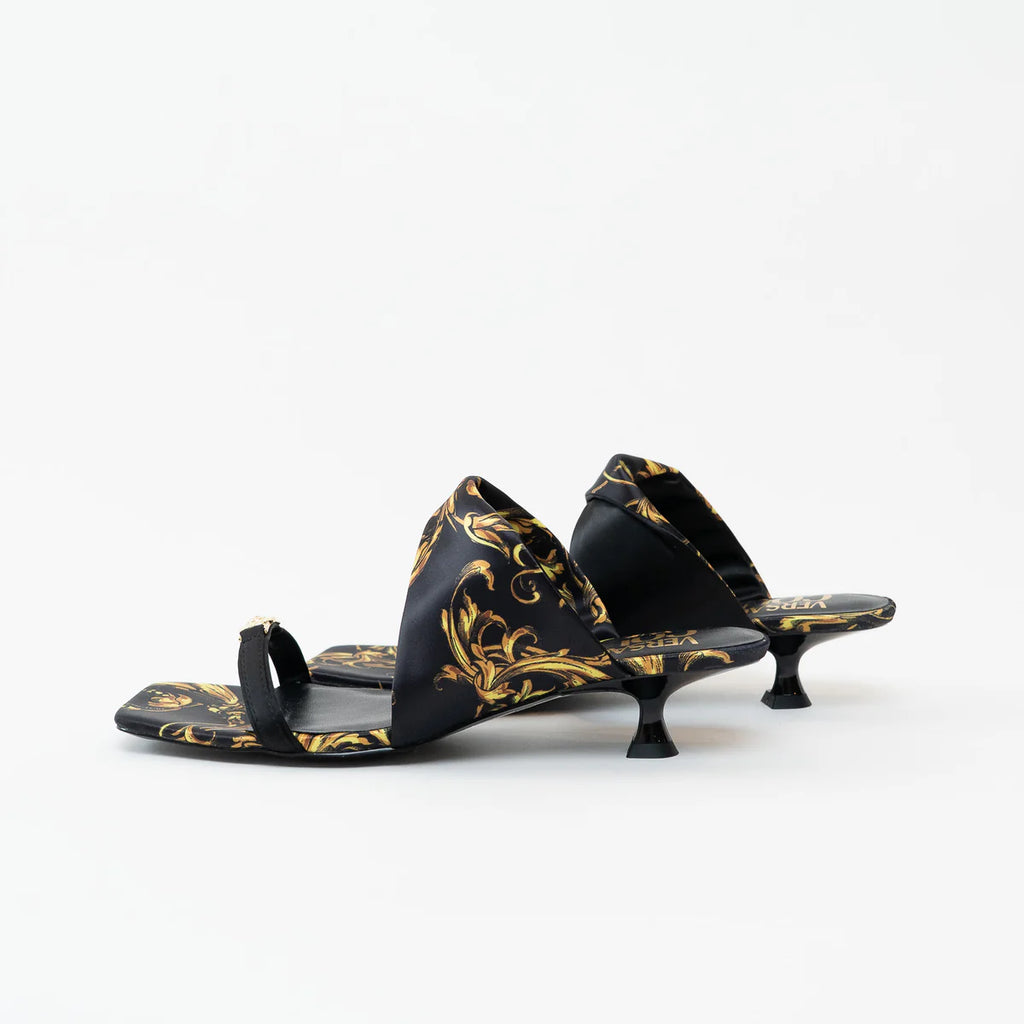 Versace Black and Gold Satin Regalia Baroque Foulard Sandals Size 38 Coeur Cult Core