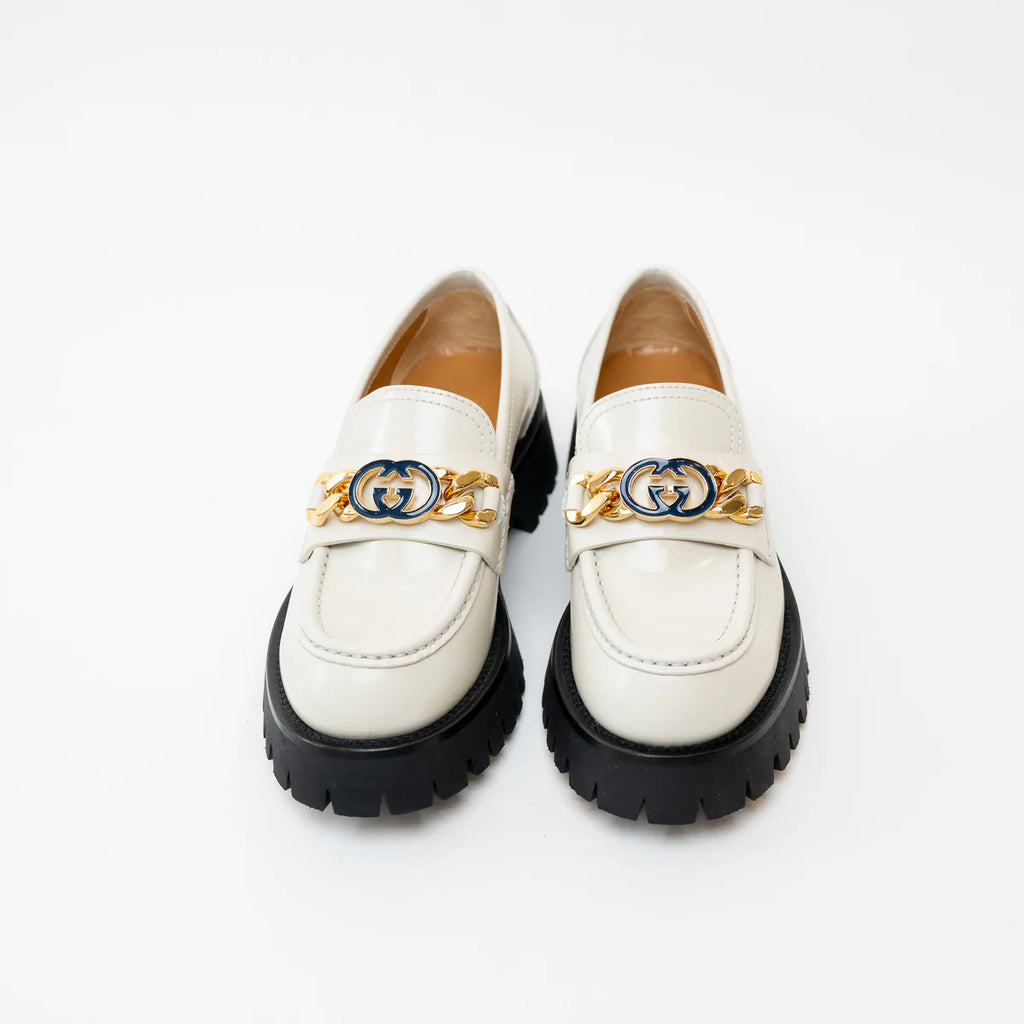 Gucci Gold Interlocking GG Chain White Leather Platform Loafers Size 36.5 Coeur Cult Core