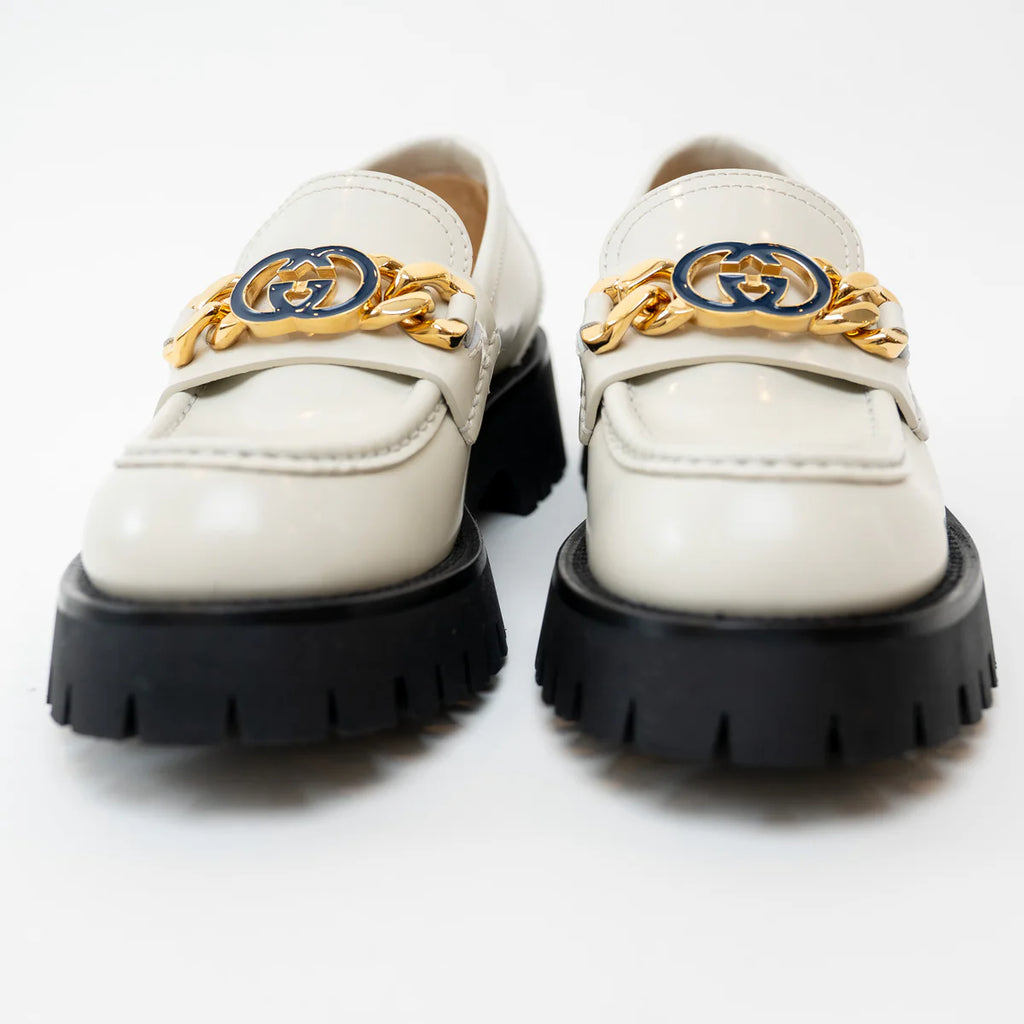 Gucci Gold Interlocking GG Chain White Leather Platform Loafers Size 36.5 Coeur Cult Core