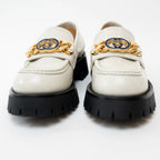 Gucci Gold Interlocking GG Chain White Leather Platform Loafers Size 36.5 Coeur Cult Core