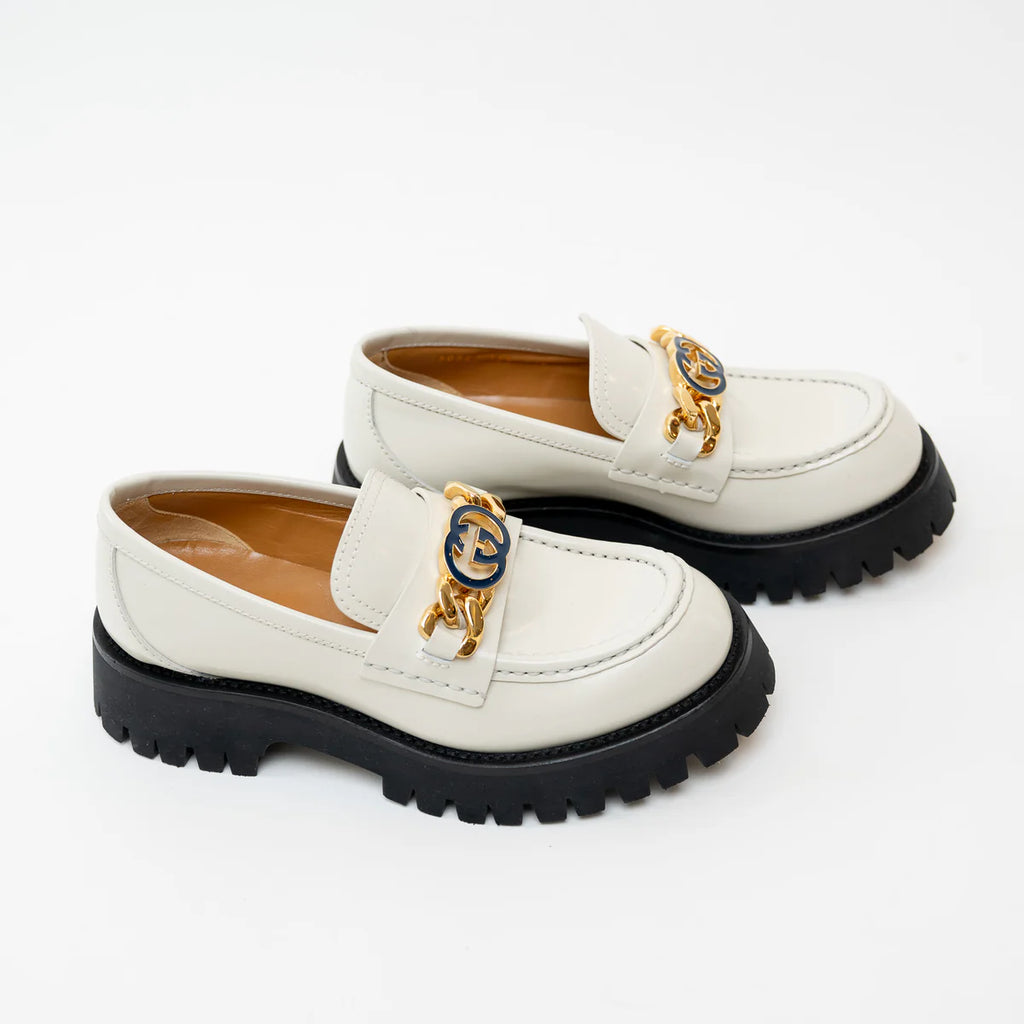 Gucci Gold Interlocking GG Chain White Leather Platform Loafers Size 36.5 Coeur Cult Core