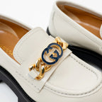 Gucci Gold Interlocking GG Chain White Leather Platform Loafers Size 36.5 Coeur Cult Core