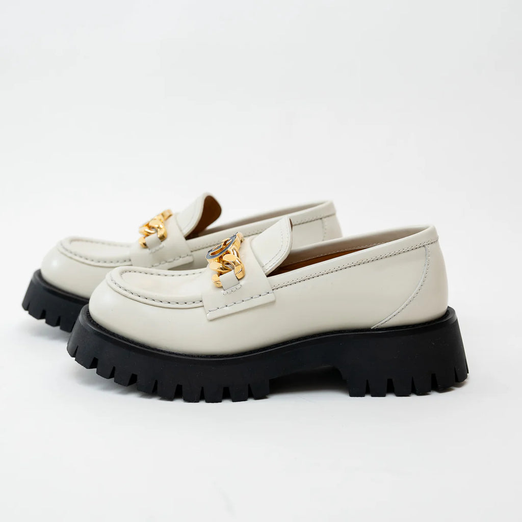 Gucci Gold Interlocking GG Chain White Leather Platform Loafers Size 36.5 Coeur Cult Core