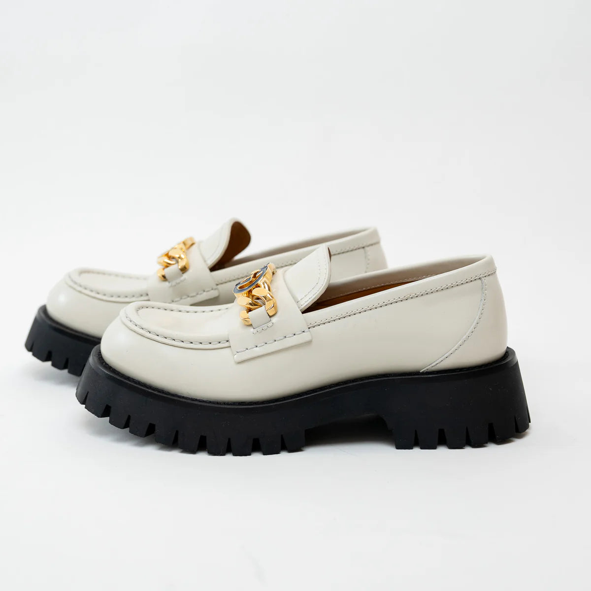 Gucci Gold Interlocking GG Chain White Leather Platform Loafers Size 36.5 Coeur Cult Core